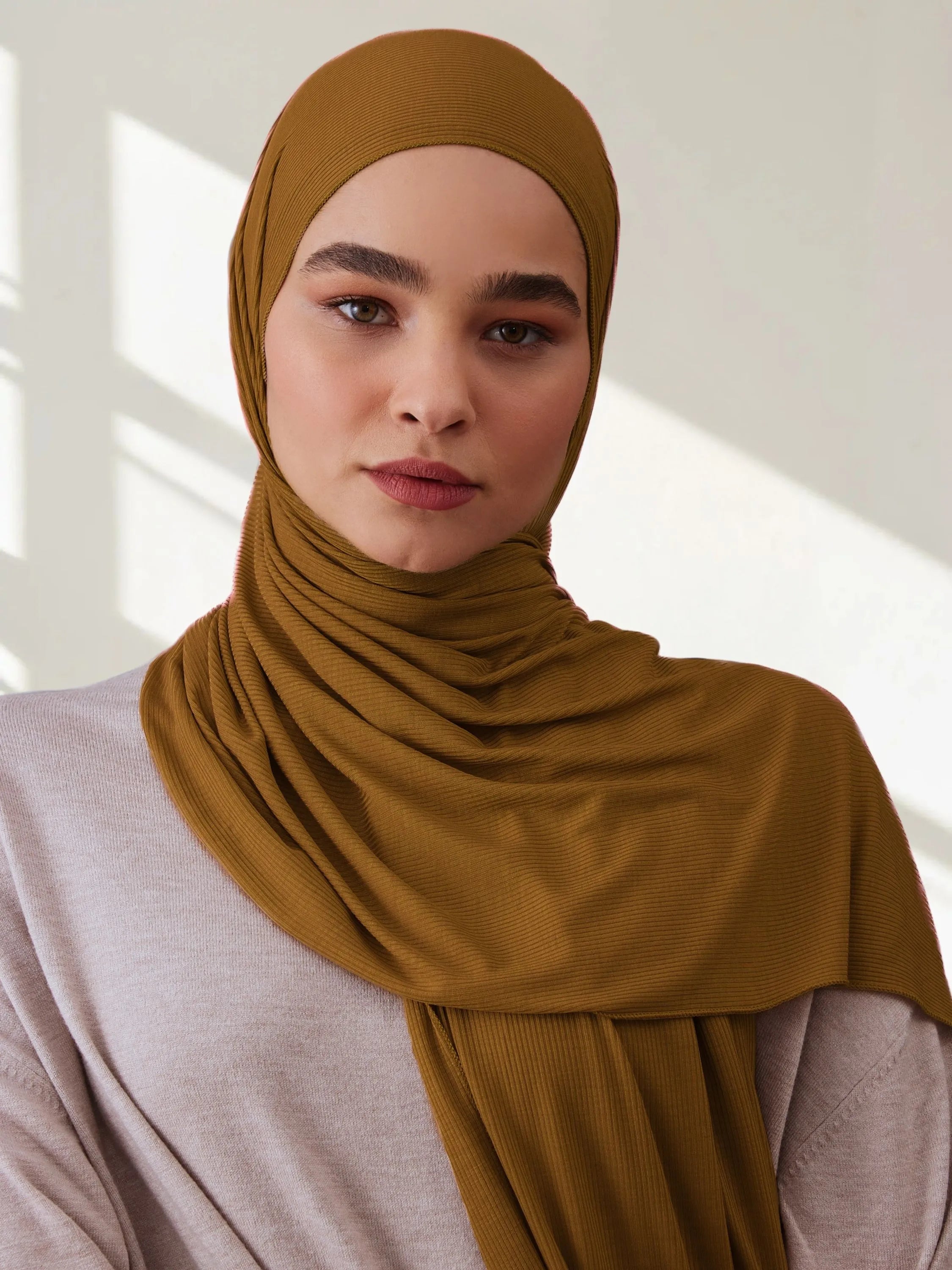 Ribbed Jersey Hijab - Tobacco Brown