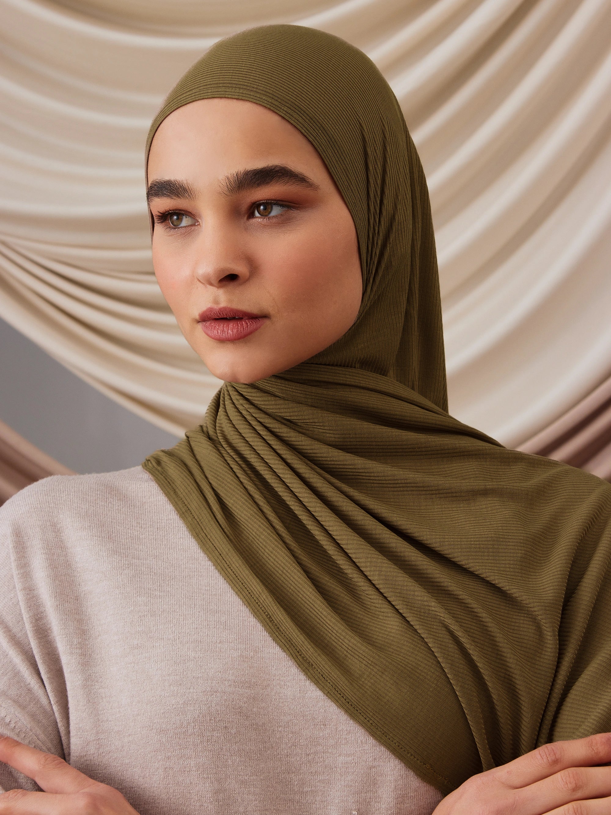 Instant Ribbed Jersey Hijab - Military Green